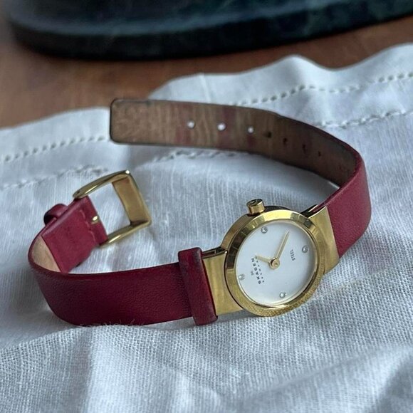 Skagen classic red leather skinny strap gold frame watch